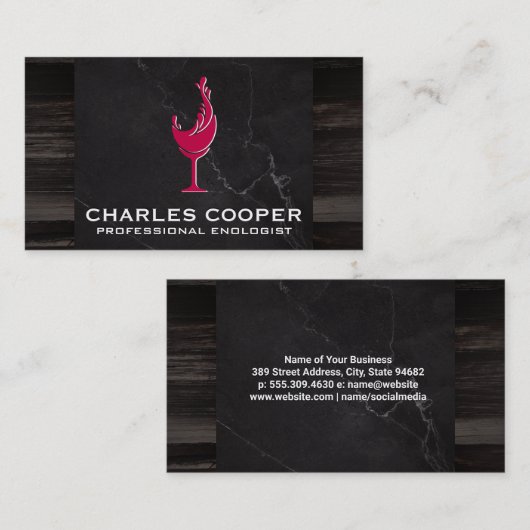 Wijn Glas Splash Logo | Marmer en Hout Visitekaartje (Voorkant / Achterkant)
