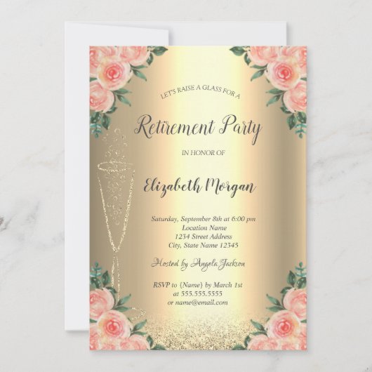 Wijn Glass Gold Glitter Bokeh Rozen Retirement Kaart (Voorkant)