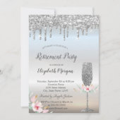 Wijn Glass Silver Glitter Druppels Floral Retireme Kaart (Voorkant)