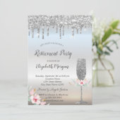 Wijn Glass Silver Glitter Druppels Floral Retireme Kaart (Staand voorkant)