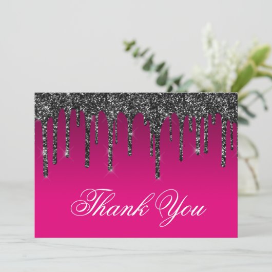 Wijn Heet Roze Gradiënt Zwart Glitter Drip Bedankkaart (Staand voorkant)