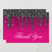 Wijn Heet Roze Gradiënt Zwart Glitter Drip Bedankkaart (Voorkant / Achterkant)