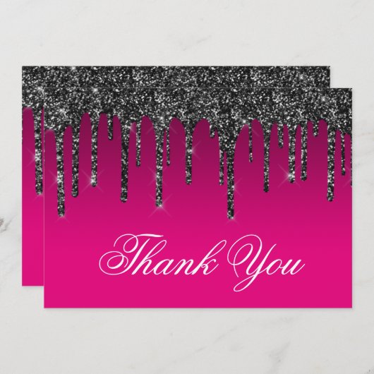 Wijn Heet Roze Gradiënt Zwart Glitter Drip Bedankkaart (Voorkant / Achterkant)