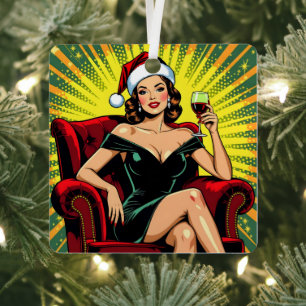 Wijn Humor Retro Pop Art Kerstmis Metalen Ornament