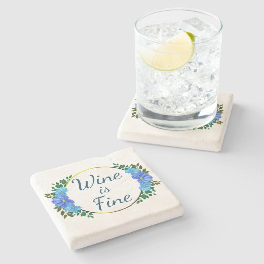 Wijn is fijn Funny blue floral troost Stenen Onderzetter (Zijkant)