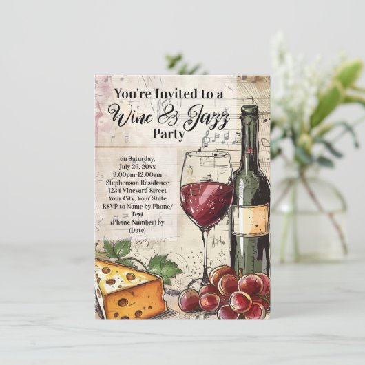 Wijn & Jazz Sociaal Evenement Proeffeest Uitnodigi Kaart (Staand voorkant)