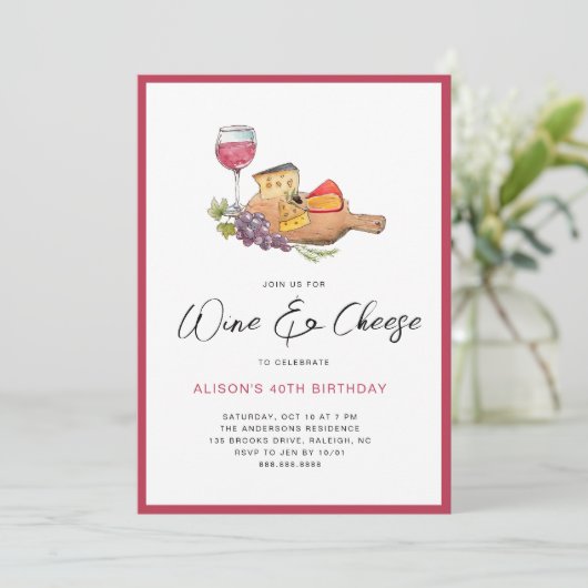 Wijn & Kaas waterverf Verjaardagsfeest Kaart (Staand voorkant)