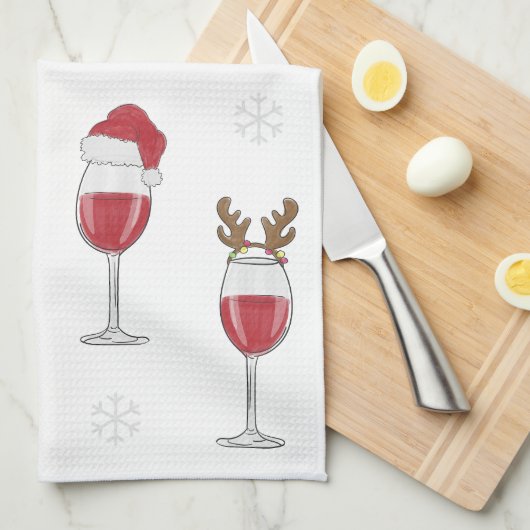 Wijn Kerstman Rendier Sneeuwvlokken Vakantie Theedoek (Quarter Fold)