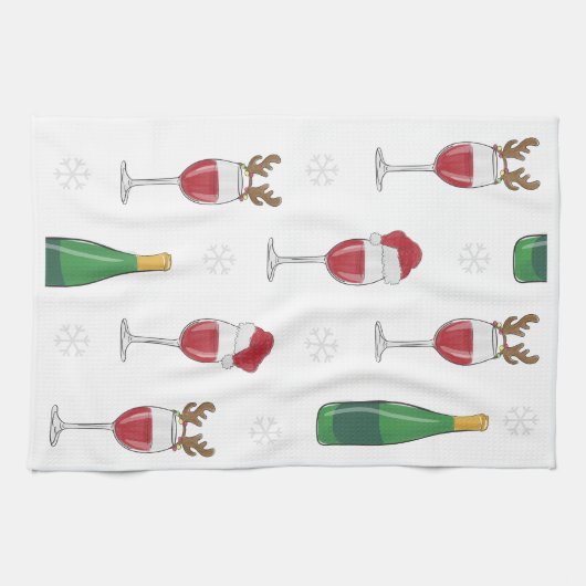 Wijn Kerstman Rendier Sneeuwvlokken Vakantie Theedoek (Horizontaal)
