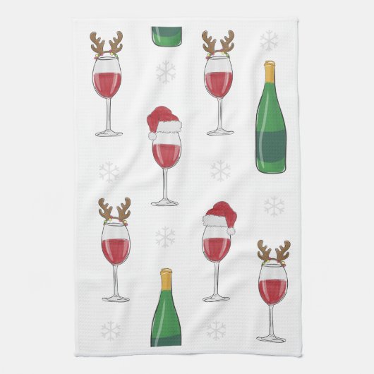 Wijn Kerstman Rendier Sneeuwvlokken Vakantie Theedoek (Verticaal)