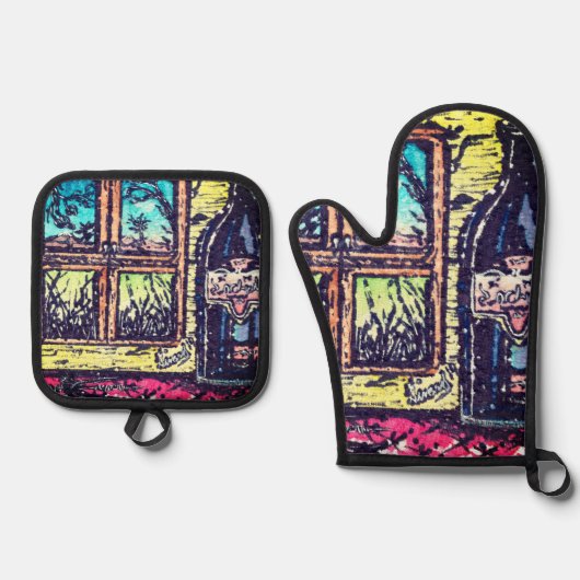 Wijn met een Uitzicht Ovenwant & Pannenlap Set (Voorkant)