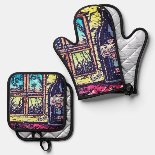 Wijn met een Uitzicht Ovenwant & Pannenlap Set (Voorkant / Achterkant)