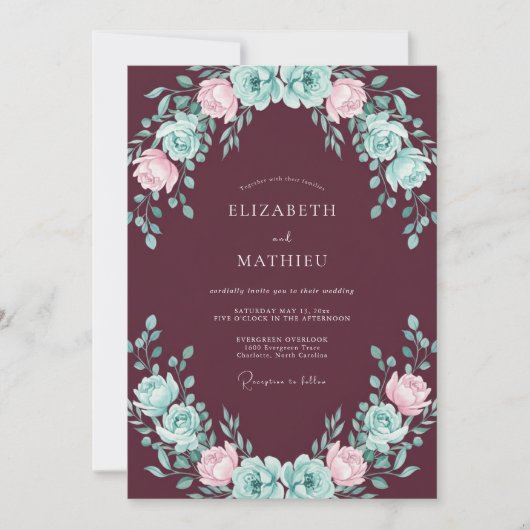 Wijn Mint Ranunculus Eucalyptus Bruiloft Kaart (Voorkant)
