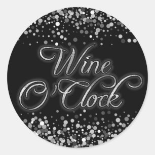 Wijn O'Clock Silver Sparkle Ronde Sticker