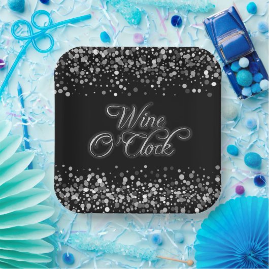 Wijn O'Clock Silver Sparkle Square Papieren Bordje (Feest)