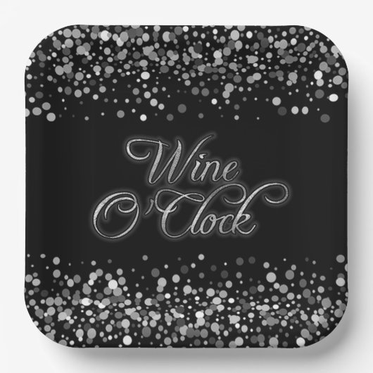 Wijn O'Clock Silver Sparkle Square Papieren Bordje (Voorkant)
