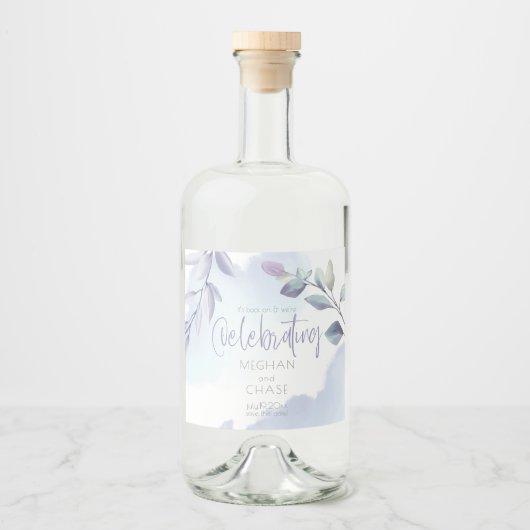 Wijn of bier | Rustige Waterverf Aqua Lila bladere Likeurfles Etiket (Voorkant)