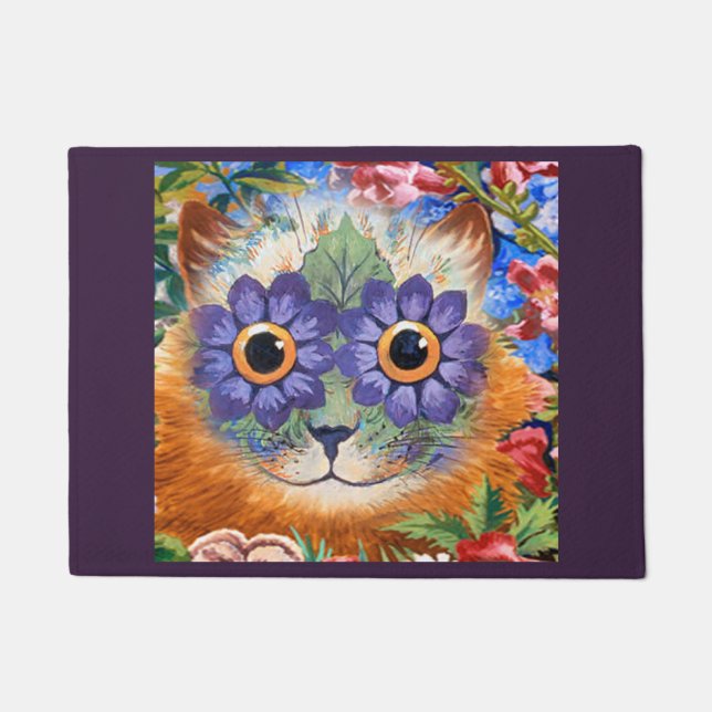  Wijn Paarse Hippie Flower Cat Art Deurmat (Voorkant)