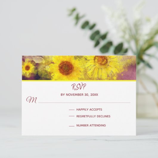 ** Wijn Paarse rustieke zonnebloem bruiloft RSVP (Staand voorkant)