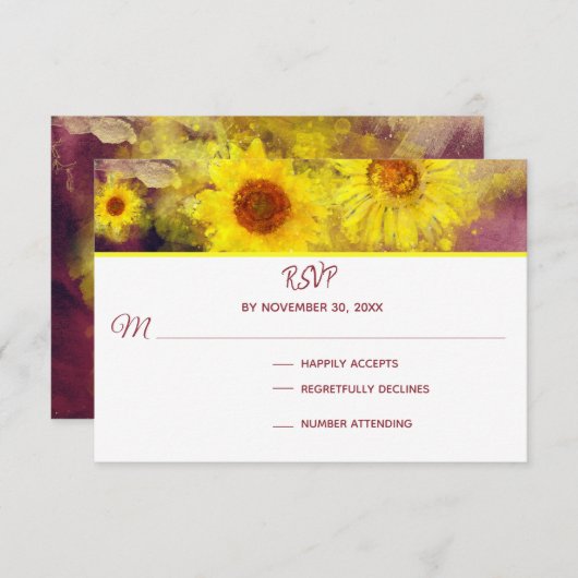 ** Wijn Paarse rustieke zonnebloem bruiloft RSVP (Voorkant / Achterkant)