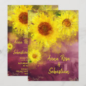 ** Wijn Paarse Rustieke Zonnebloem Country Wedding Kaart (Voorkant / Achterkant)