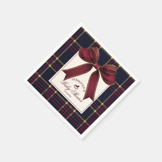 Wijn Red Bow Rocking Horse Plaid Baby shower Servet (Hoek)