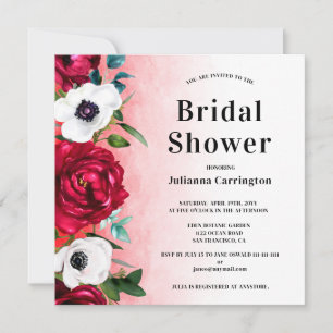 Wijn Red Floral Square Bridal Shower Uitnodiging