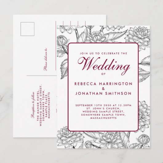 Wijn Red Floral Wedding RSVP Uitnodiging (Voorkant / Achterkant)