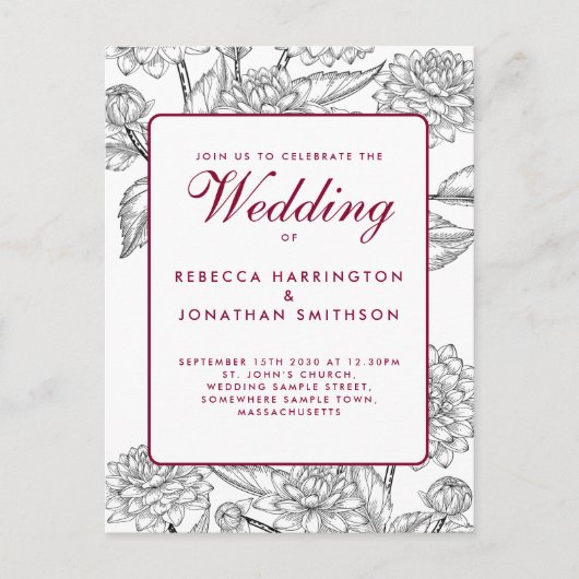  Wijn Red Floral Wedding RSVP Uitnodiging (Voorkant)