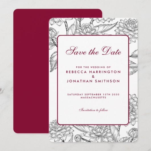 Wijn Red Floral Wedding Save the Date Kaart (Voorkant / Achterkant)