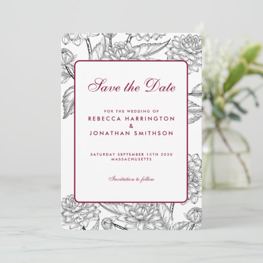 Wijn Red  Floral Wedding Save the Date Kaart (Staand voorkant)