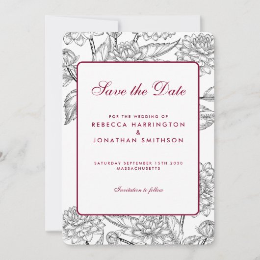 Wijn Red  Floral Wedding Save the Date Kaart (Voorkant)