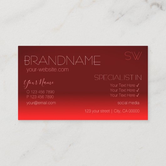Wijn Red Gradient Chic Mirror Font met Monogram Visitekaartje (Achterkant)