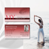Wijn Red Gradient Palm Leaf Monogram en Foto Visitekaartje