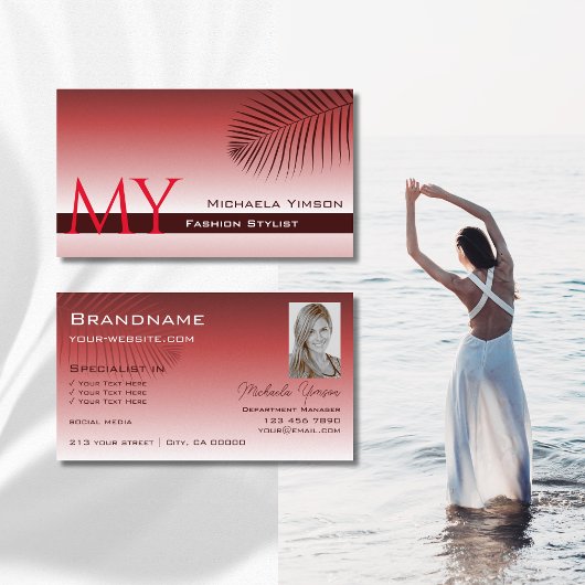 Wijn Red Gradient Palm Leaf Monogram en Foto Visitekaartje