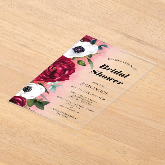 Wijn Rode Bloemen Vrijgezellenfeest Acryl Uitnodigingen (Laagn)