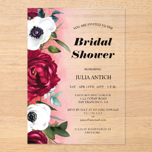 Wijn Rode Bloemen Vrijgezellenfeest Acryl Uitnodigingen (Voorkant)