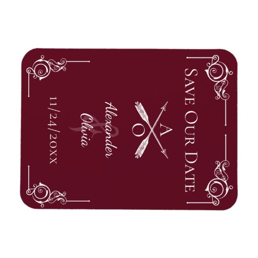 Wijn Rode Monogram en Pijlen Sla de Datum Magneet (Horizontaal)