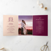 Wijn rode perzik foto kroon monogram bruiloft drieluik programma (Binnen)