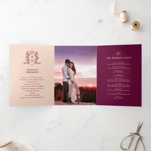 Wijn rode perzik foto kroon monogram bruiloft drieluik programma (Binnen)