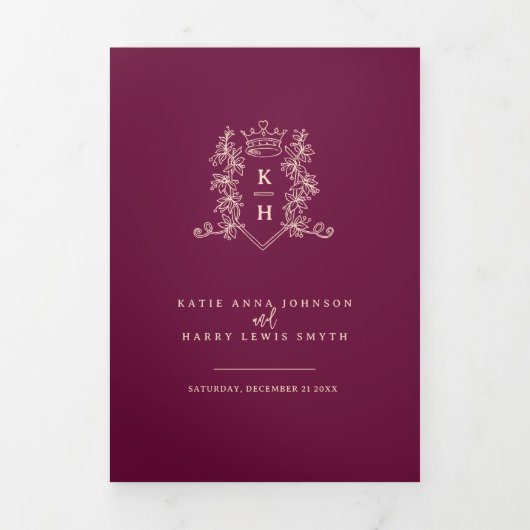 Wijn rode perzik foto kroon monogram bruiloft drieluik programma (Cover)