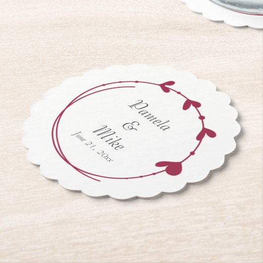 Wijn Rood Eenvoudig Hart Krans Bruiloft Kartonnen Onderzetters (Gekanteld)