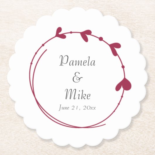 Wijn Rood Eenvoudig Hart Krans Bruiloft Kartonnen Onderzetters (Voorkant)