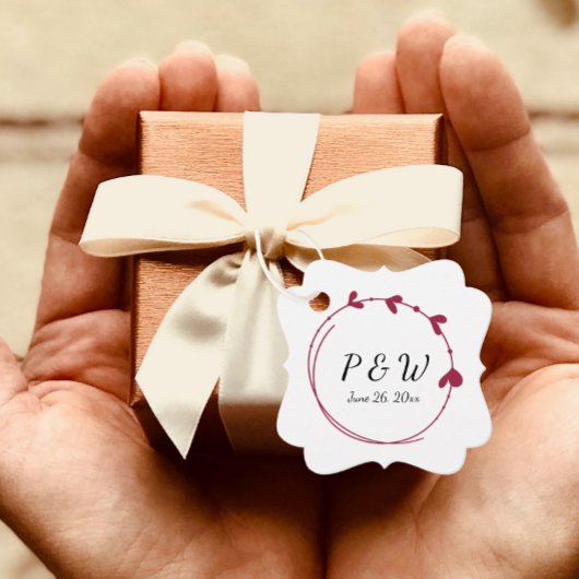 Wijn Rood Eenvoudige Hart Krans Monogram Huwelijk Bedankjes Labels