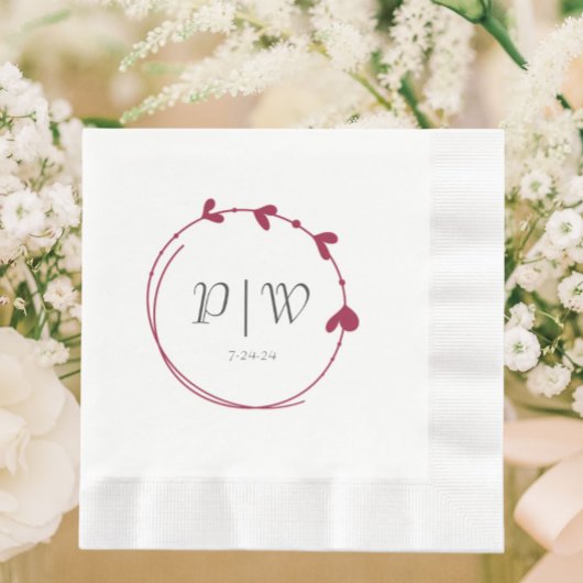 Wijn Rood Eenvoudige Hart Krans Monogram Huwelijk Servet