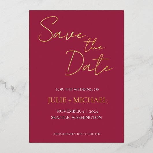 Wijn Rood Eenvoudige Stijl Bruiloft Save the Date Folie Uitnodiging (Voorkant)