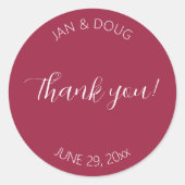 Wijn rood gestileerde bruiloft dank u ronde sticker (Voorkant)