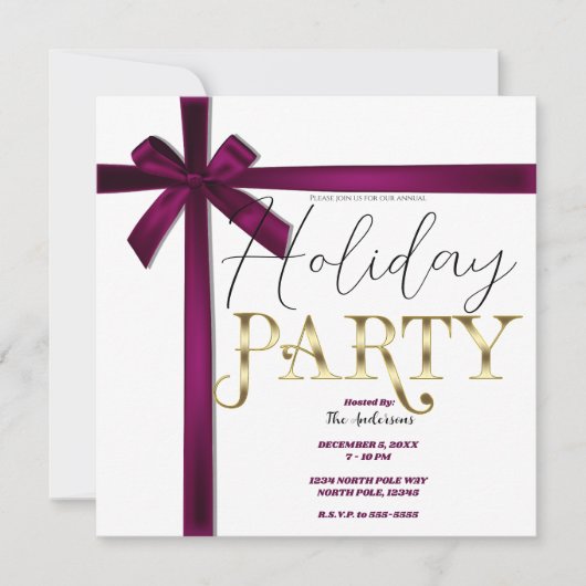 Wijn Satin Ribbon Bow Kerstfeest Kaart (Voorkant)