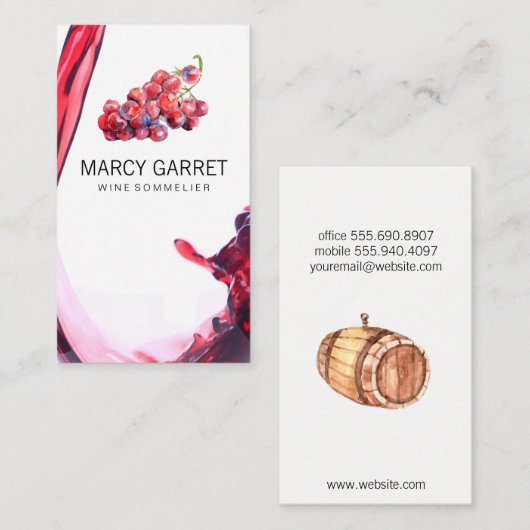Wijn schenken | Spatten | Wijndruiven en vat Visitekaartje (Voorkant / Achterkant)