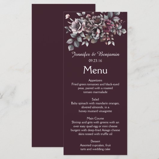 Wijn, Stof Paars, Donker Teal Bruiloft | Menu (Voorkant / Achterkant)